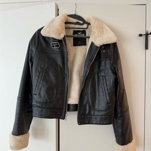 Hollister Black Leather Jacket with Cream Fur Lining - no longer in store!!